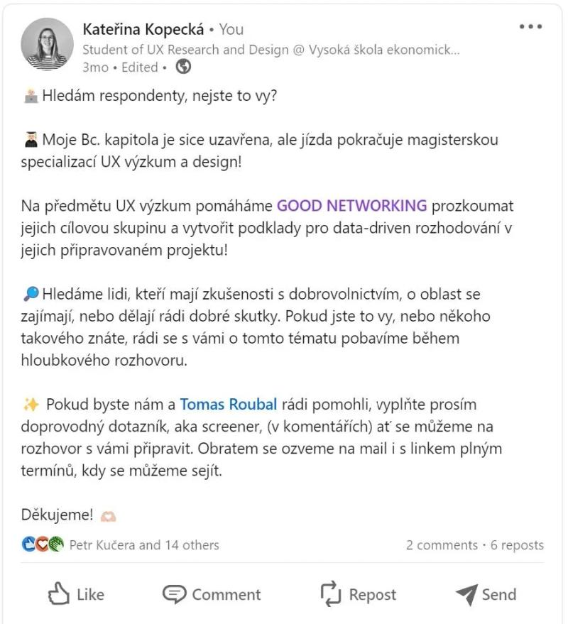 Uživatelský výzkum pro Dobrý networking – ukázka 2